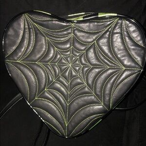 Pain and Stitches - Heart-Shaped Black Bag with Green Spiderweb